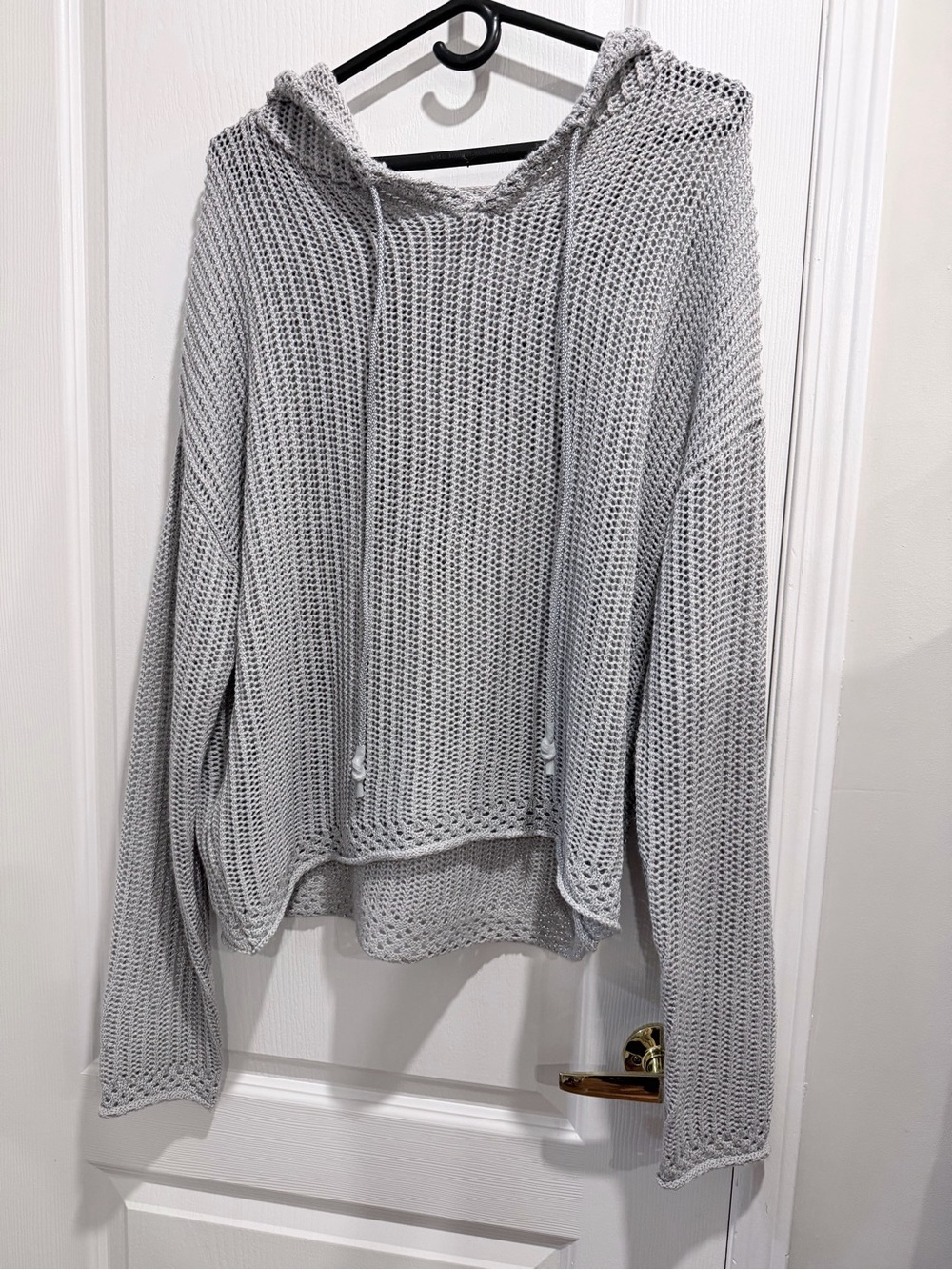 Women's Light Gray Open-Knit Hooded Sweater - Casual Pullover